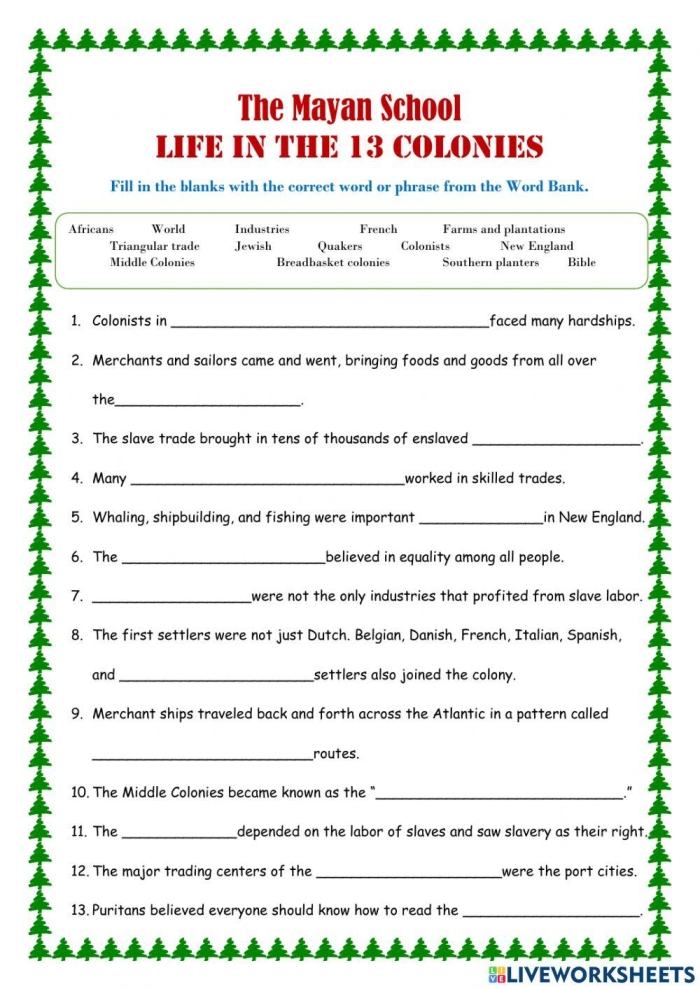 Fifth grade geography worksheet featuring a blank map for labeling the 13 colonies