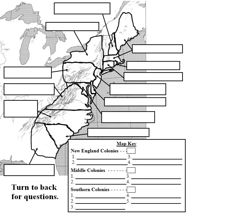 Students labeling the 13 Colonies on a detailed map worksheet