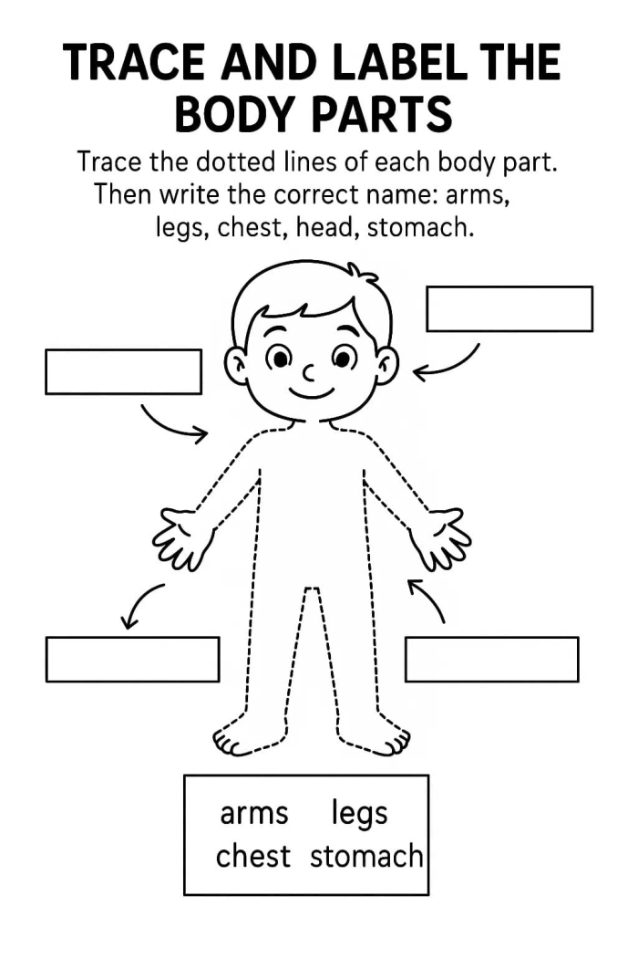 Worksheet for labeling body parts to enhance reading skills in kindergarten students