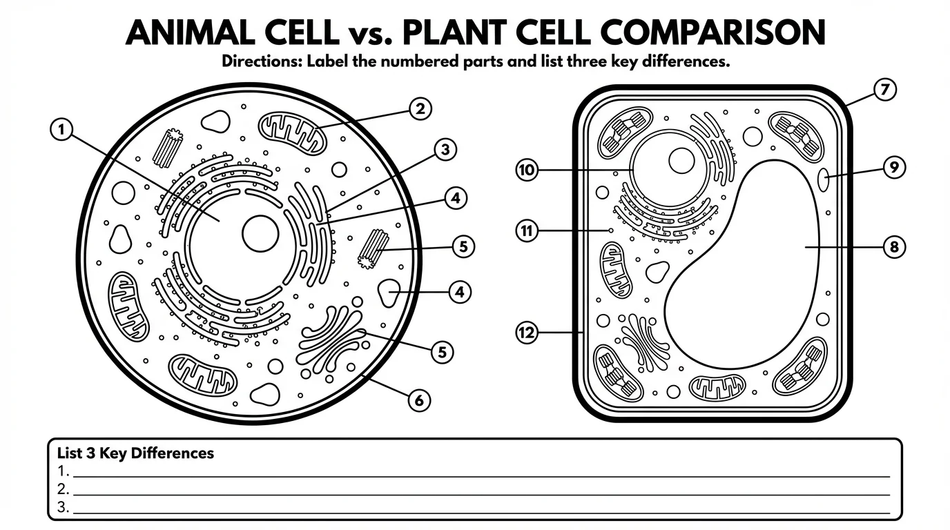 Diagram of a plant cell for sixth grade students to label in a life science worksheet