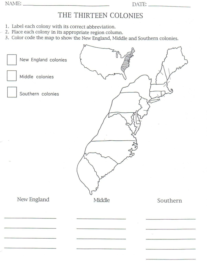 Fifth grade geography worksheet featuring a blank map for students to label the 13 American colonies