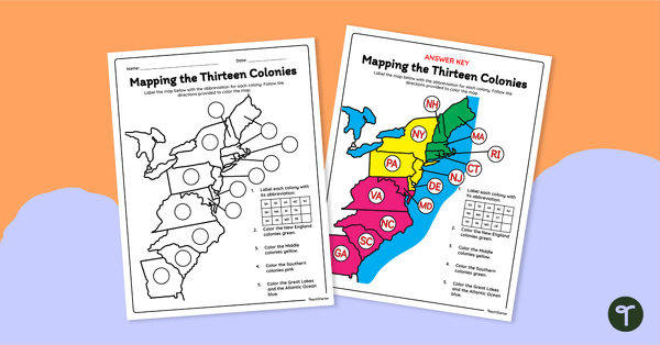 Map of the 13 Colonies for labeling exercise in a fifth-grade geography worksheet