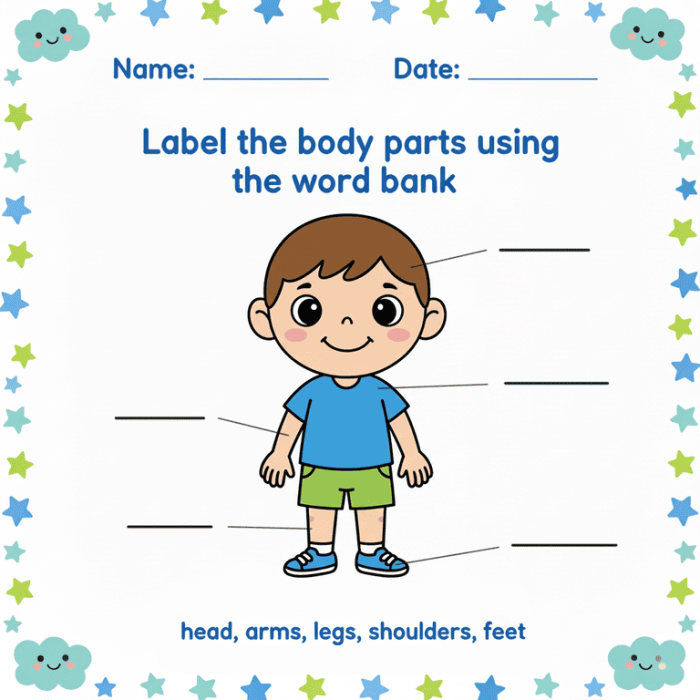 Labeling body parts worksheet for kindergarten students to enhance reading skills