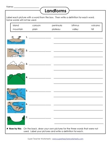 Fourth grade worksheet featuring a matching activity for identifying various landforms
