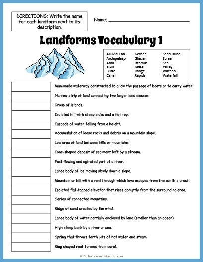 Fourth grade geography worksheet featuring a matching activity for various landforms.