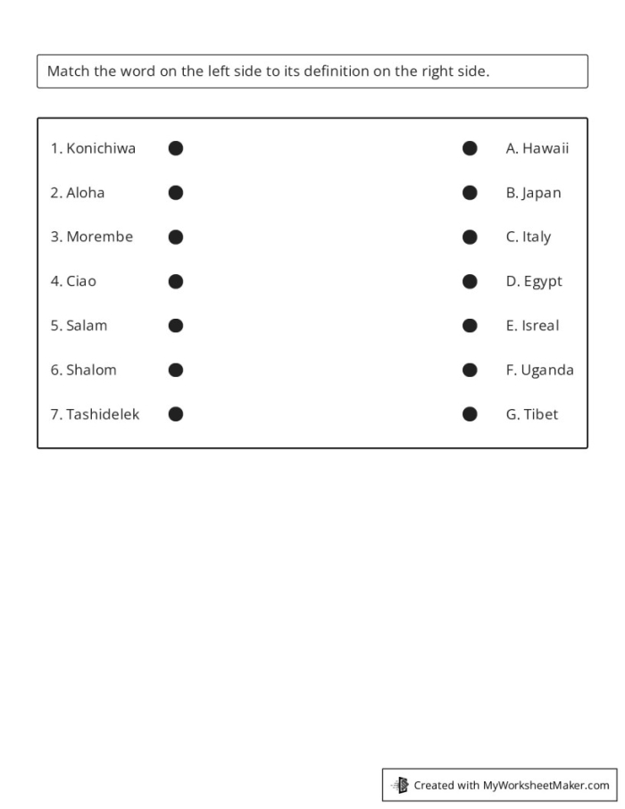 Sixth grade students completing a language context matching worksheet exercise with multiple choice questions