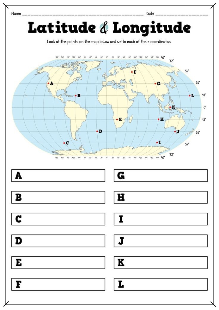 Latitude and Longitude worksheet for fourth-grade students focusing on map skills