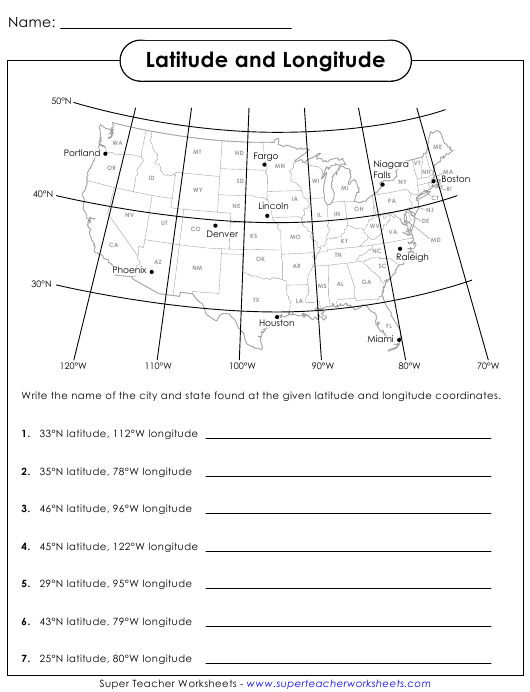 Fourth grade student using a map skills worksheet to practice latitude and longitude coordinates