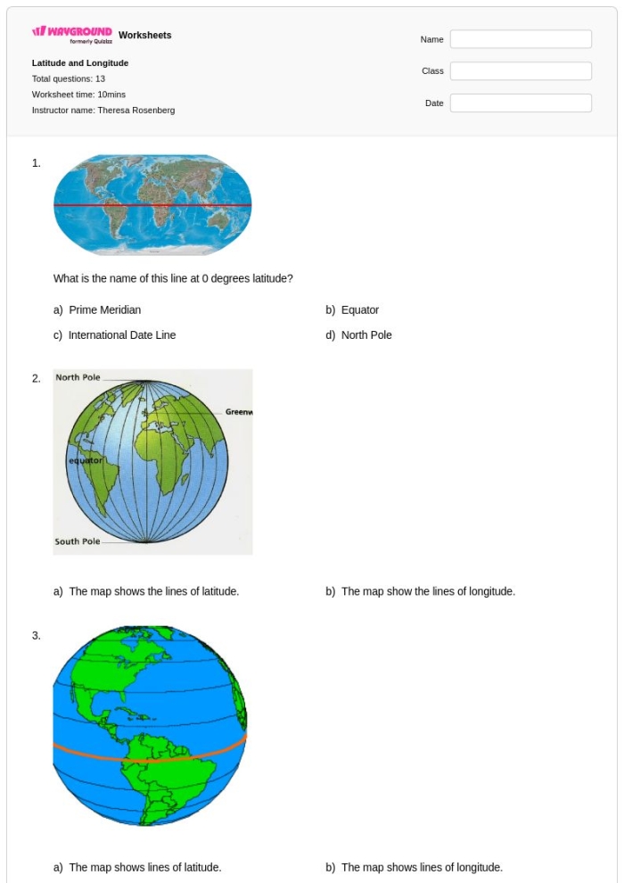 Fourth grade map skills worksheet featuring latitude and longitude practice 24