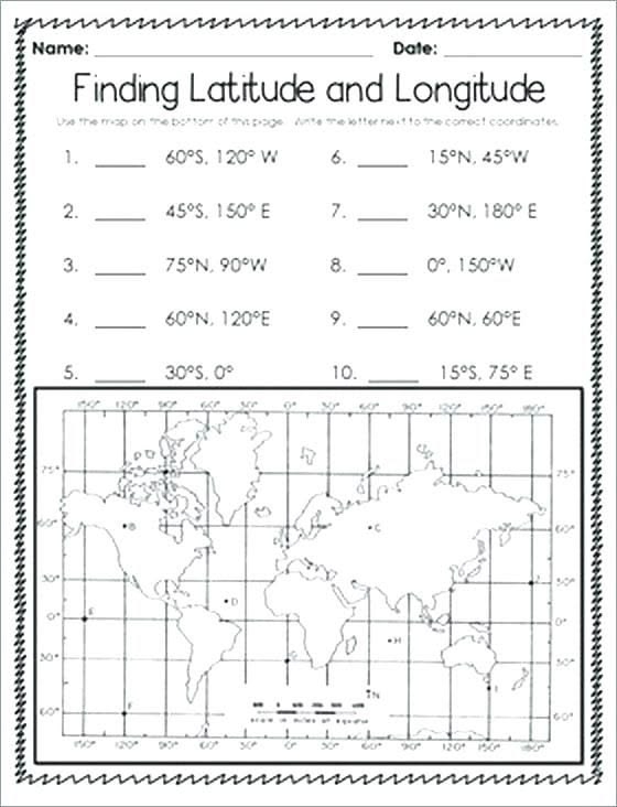 Latitude and Longitude worksheet for fourth graders focusing on map skills