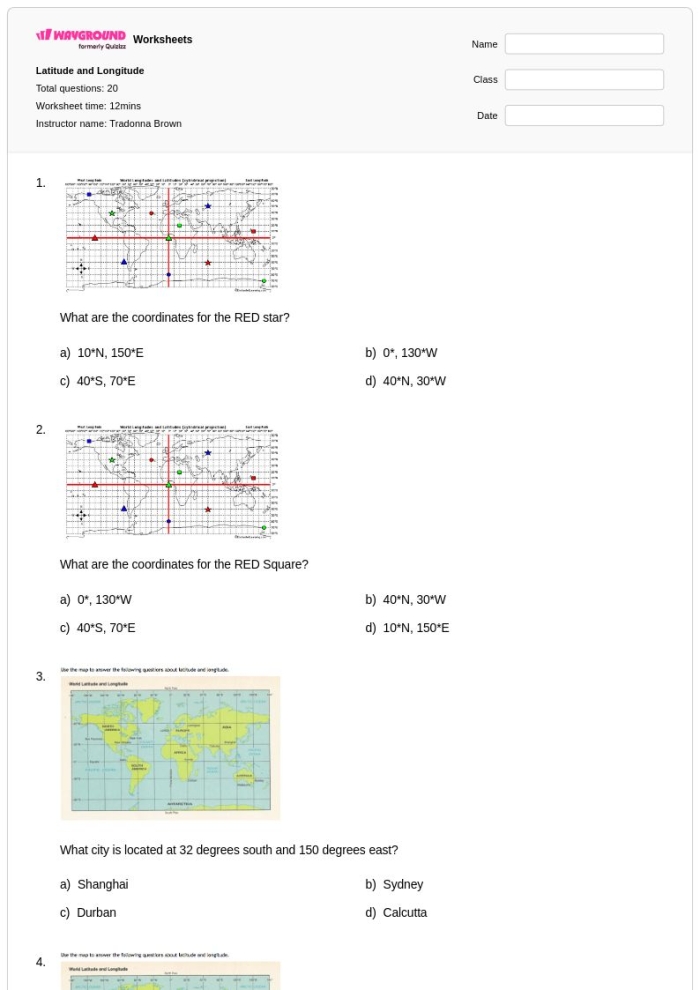 Latitude and Longitude worksheet for fourth-grade students to enhance map skills