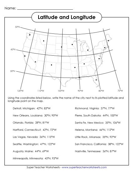 Latitude and Longitude worksheet for fourth-grade students focusing on map skills