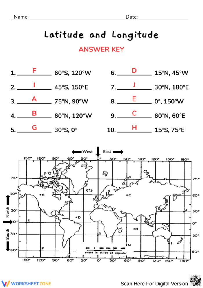 Fourth grade map skills worksheet featuring latitude and longitude practice exercises