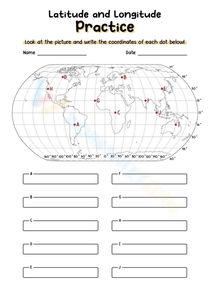 Fourth grade geography worksheet focusing on coordinates and map skills with latitude and longitude practice