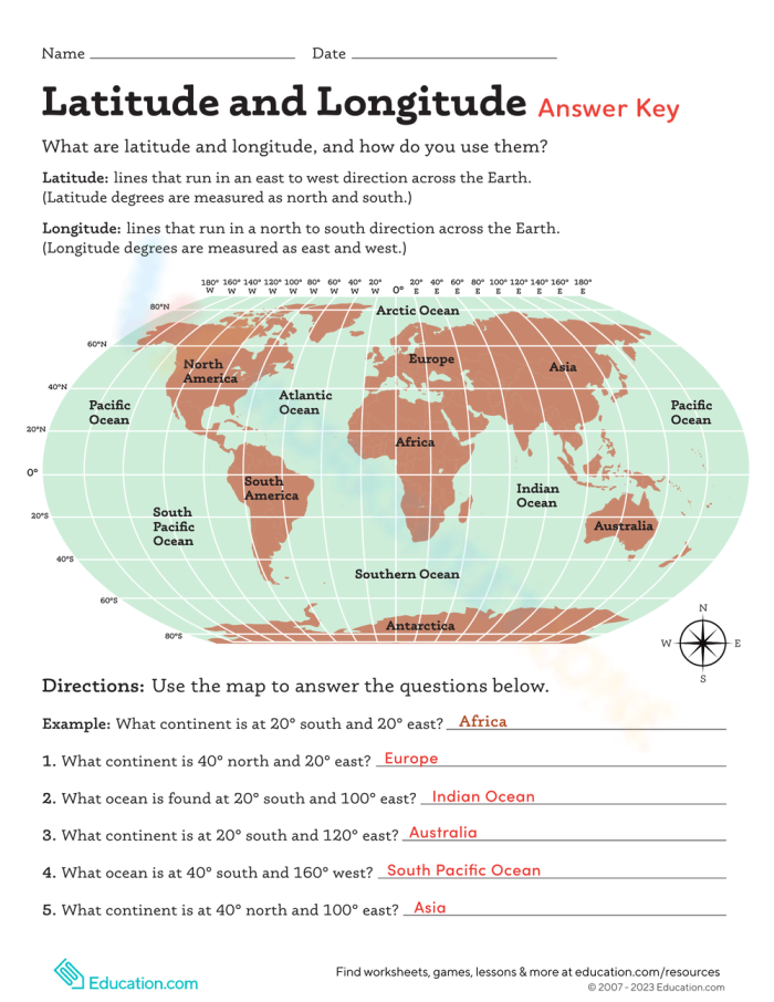 Fourth grade map skills worksheet featuring latitude and longitude practice problems