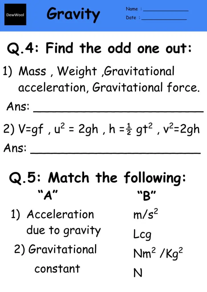 Law of Gravity worksheet for fifth graders exploring Newton's Law of Gravitation