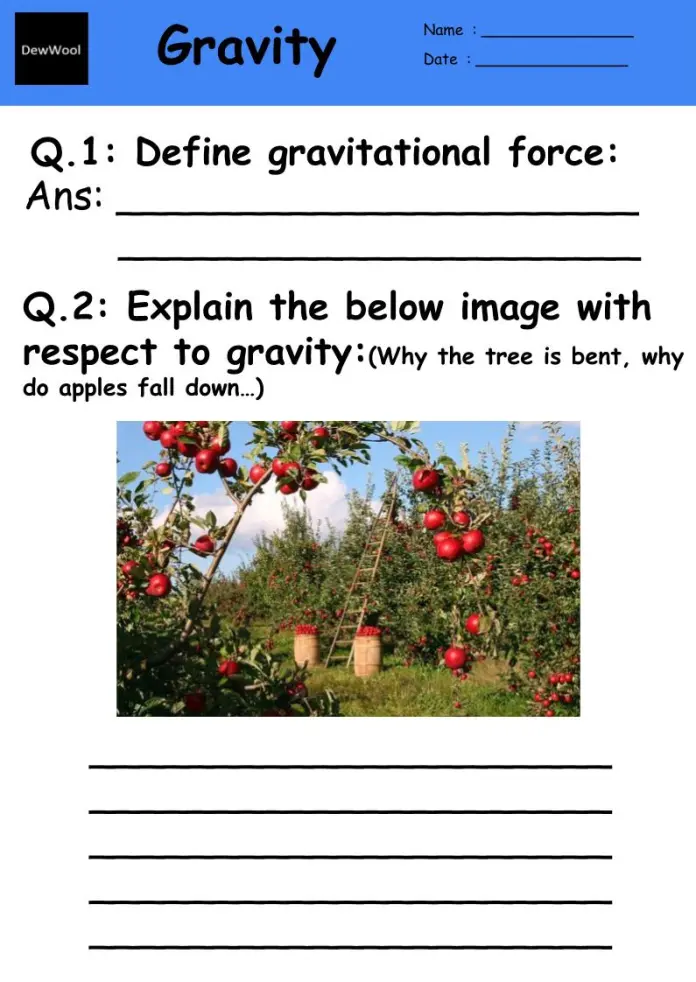 Law of Gravity worksheet illustrating Newton's Law of Gravitation for fifth graders