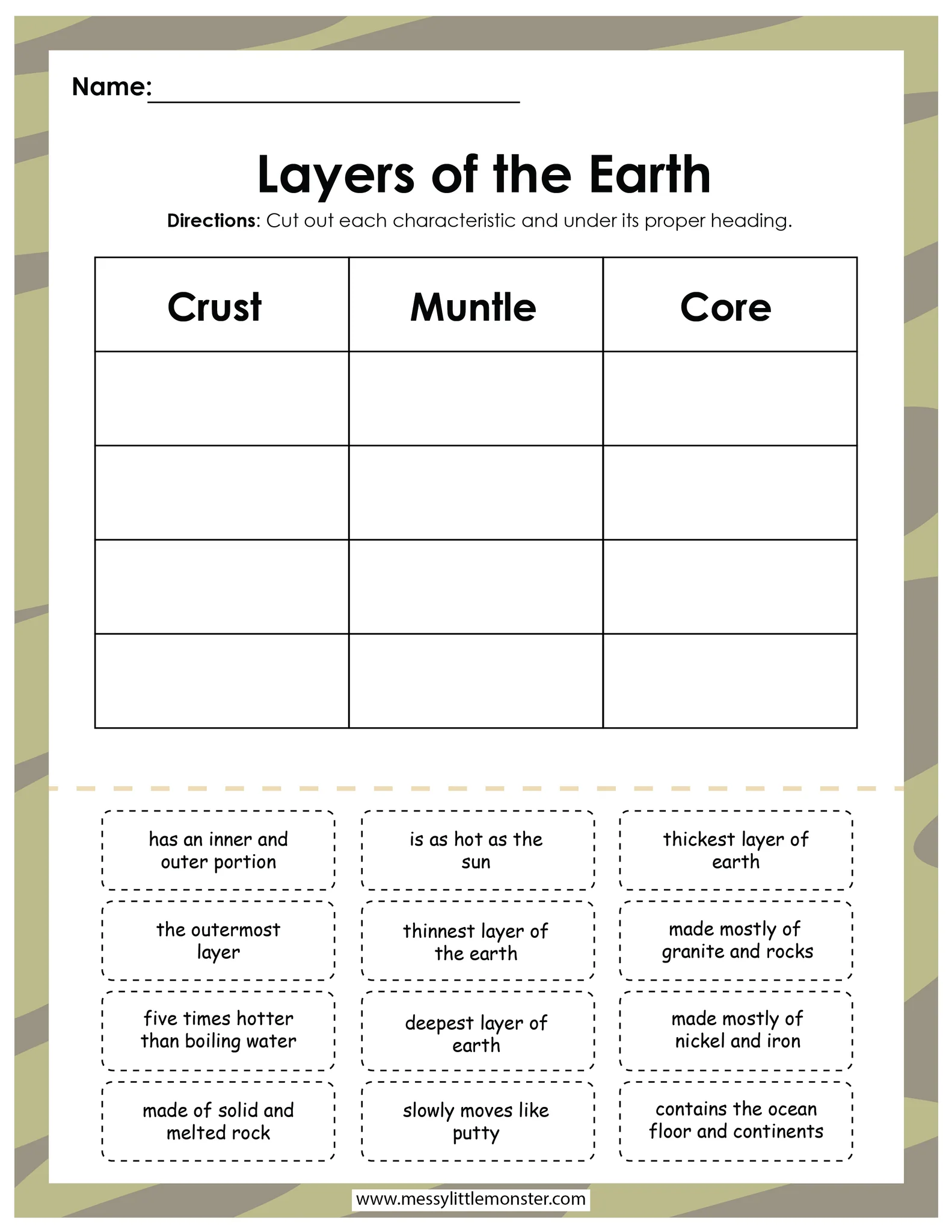 Illustration of the Earth's layers for a third-grade science worksheet