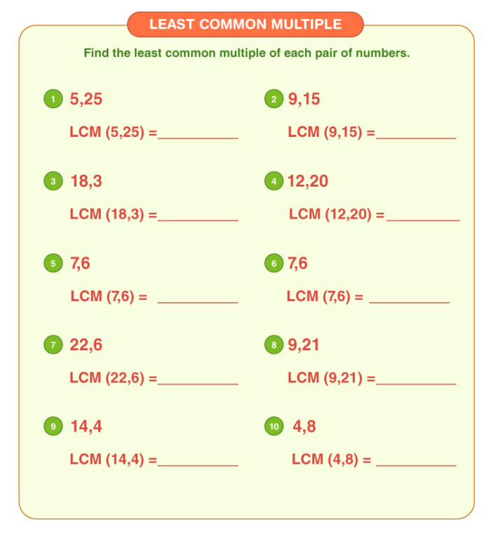 Fifth grade math worksheet showing problems to help students practice finding the least common multiple of whole numbers.