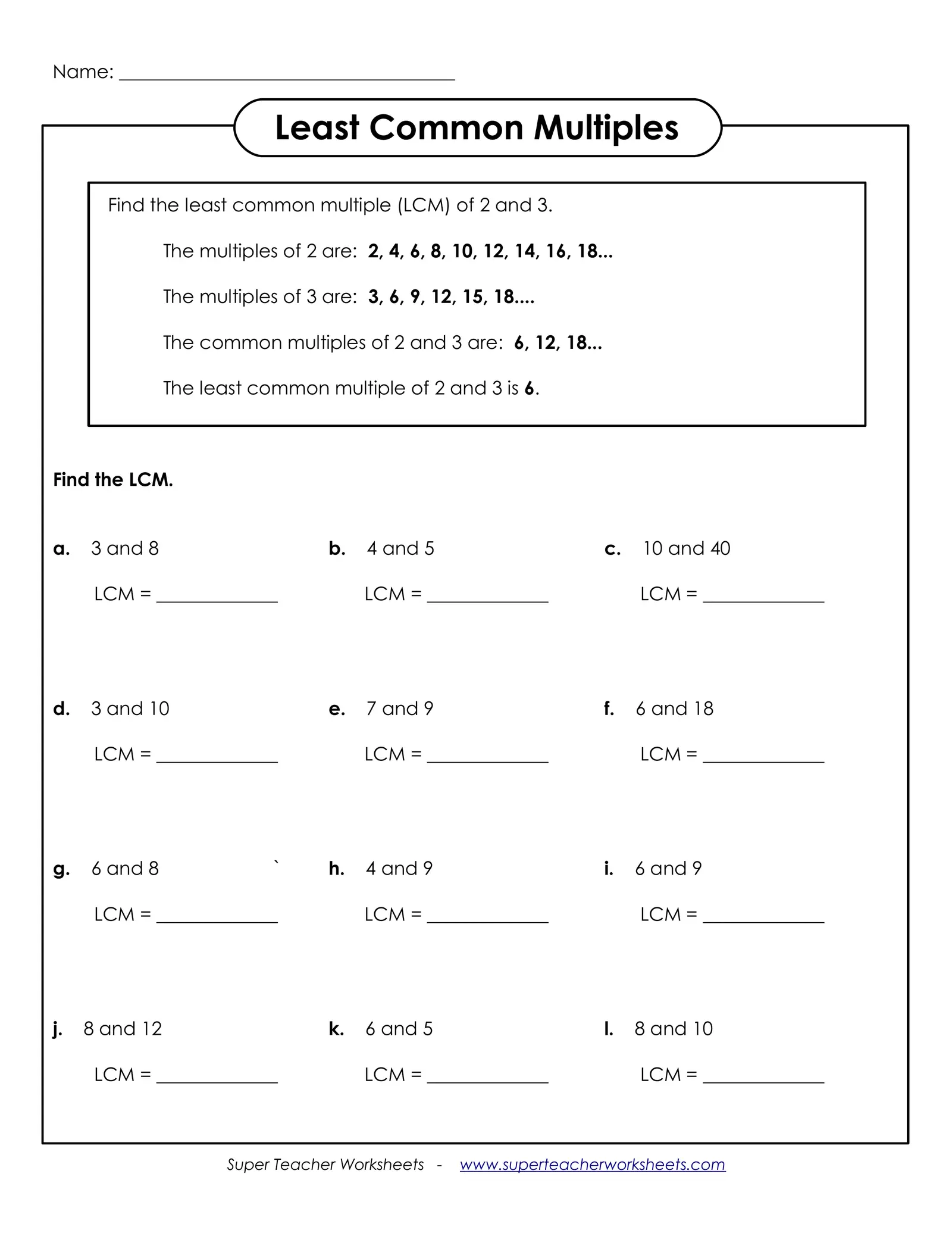 Least Common Multiple: Part 1 worksheet for Fifth Grade