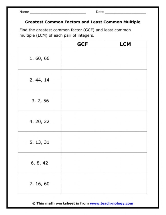 Least Common Multiple: Part 1 worksheet for Fifth Grade