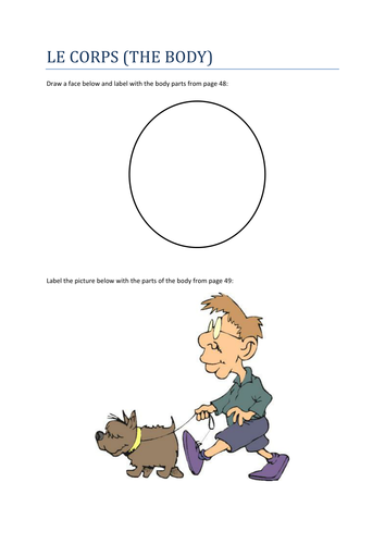 Illustration of a worksheet featuring body parts in French for third graders