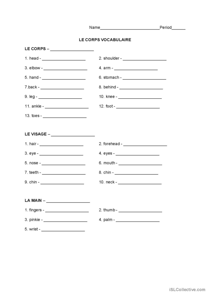 Illustration of a worksheet for learning body parts in French for third graders