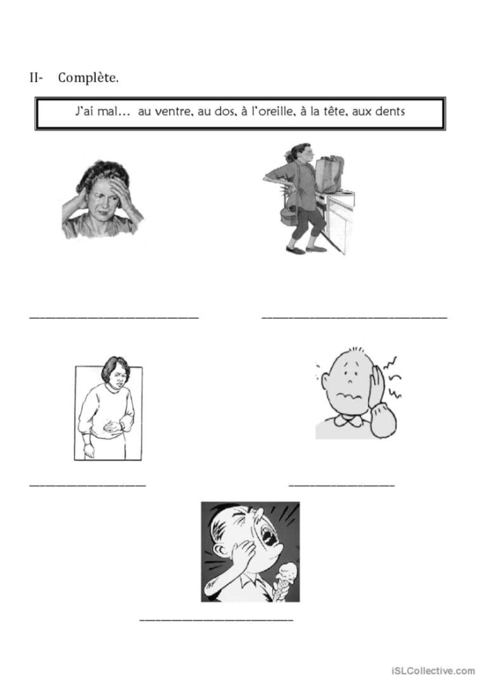Illustration of a worksheet for learning body parts in French for third graders