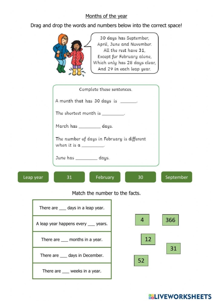 A colorful calendar showing February 29th and children learning about leap year concepts