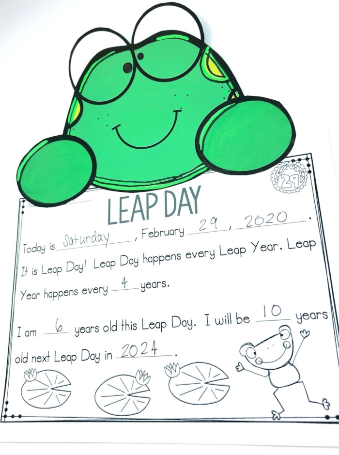 A colorful calendar illustration showing February 29th highlighted with a special leap year symbol for second grade learners