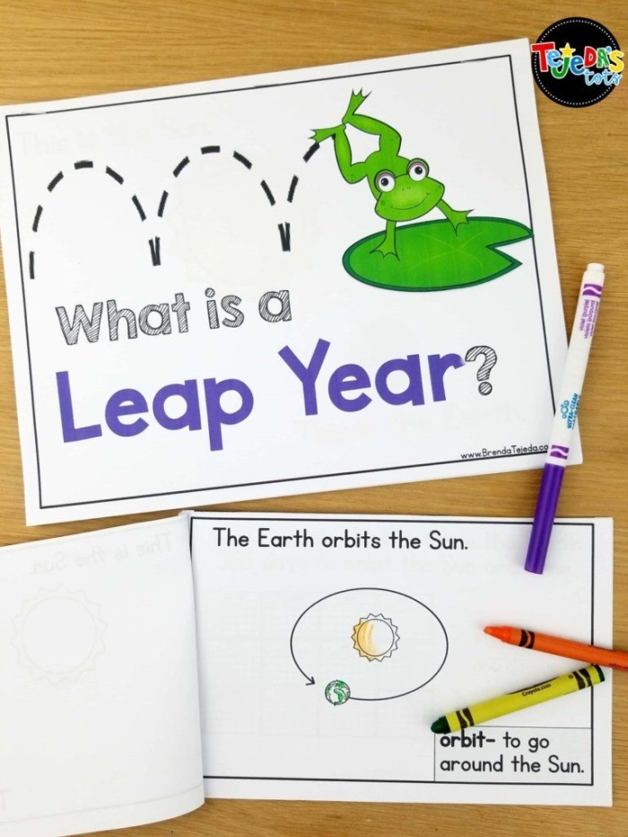 A colorful calendar illustration showing February 29th highlighted to explain why leap years occur every four years