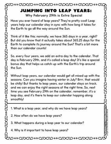 Second grade students exploring the science of an extra calendar day on a Why is There a Leap Year worksheet