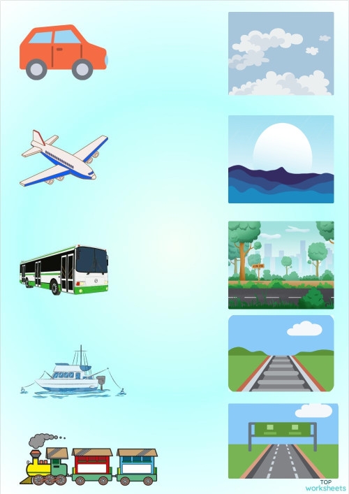 Interactive learning activity for preschoolers about transportation methods Children's worksheet for matching people with their modes of transportation