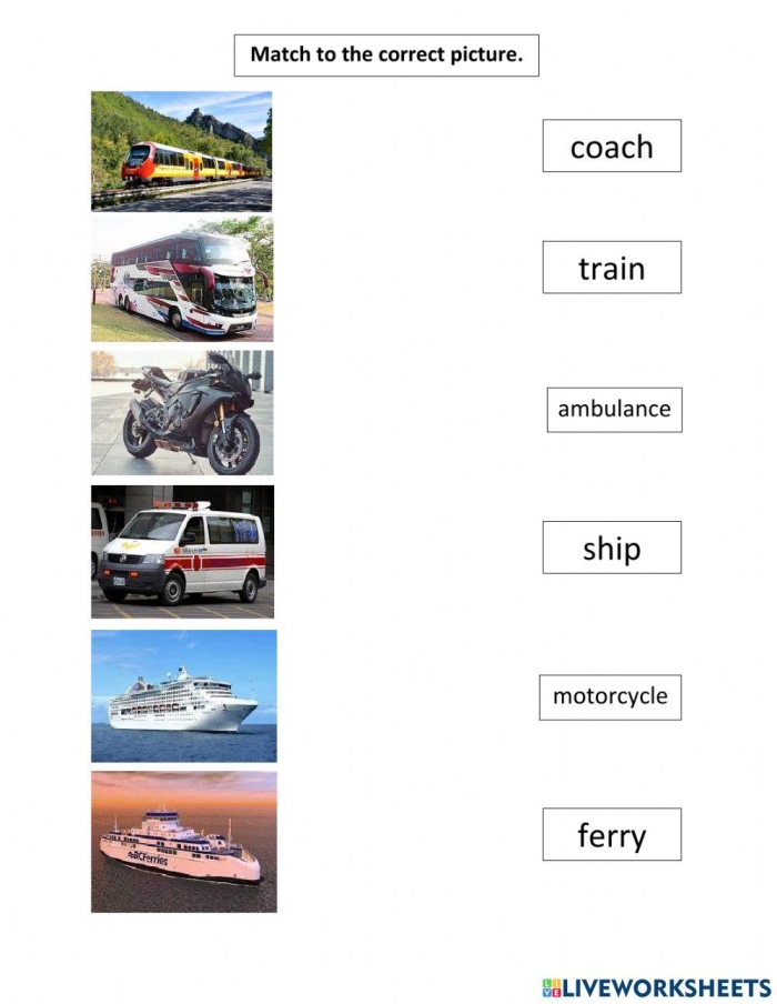 Educational activity titled "Learn About Transportation" for pre-K students Worksheet for young learners matching people with their modes of transportation