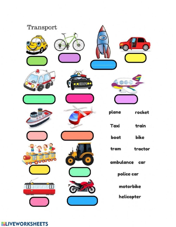 Learn About Transportation worksheet for kindergarten children Worksheet for matching transport methods with characters for Pre-K students