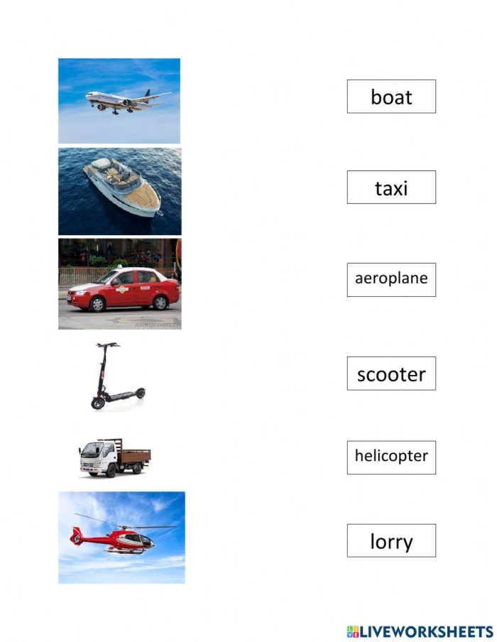 Learn About Transportation Worksheet for Pre-K Students, Image 18 Worksheet for preschoolers to identify different modes of transportation with matching activities