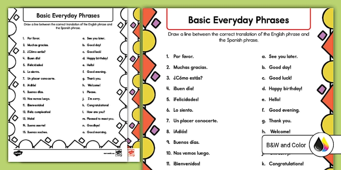 Second grade student practicing essential Spanish vocabulary on a printable worksheet