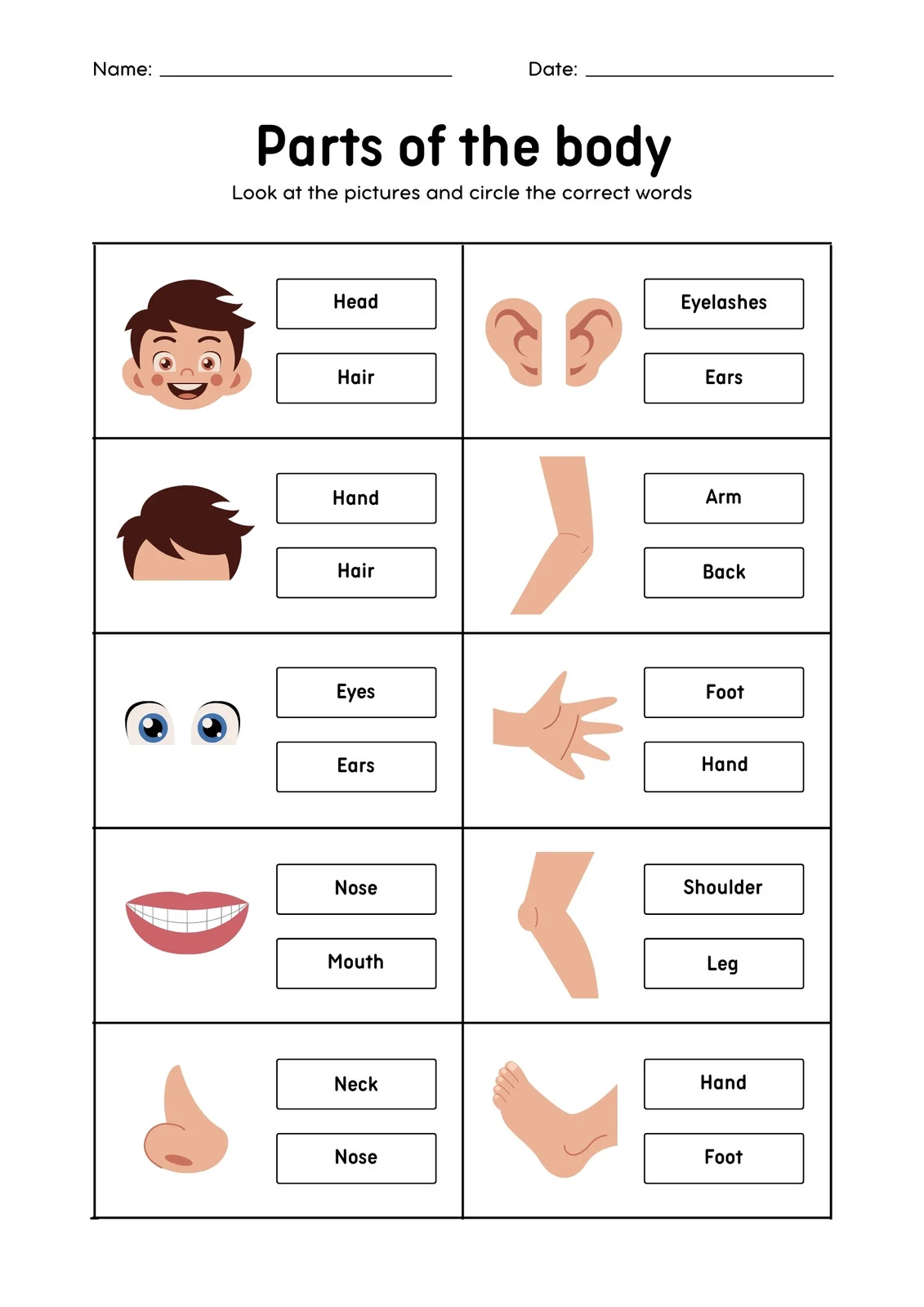 Educational resource for kindergarteners to practice naming body parts Worksheet featuring various human body parts for young learners