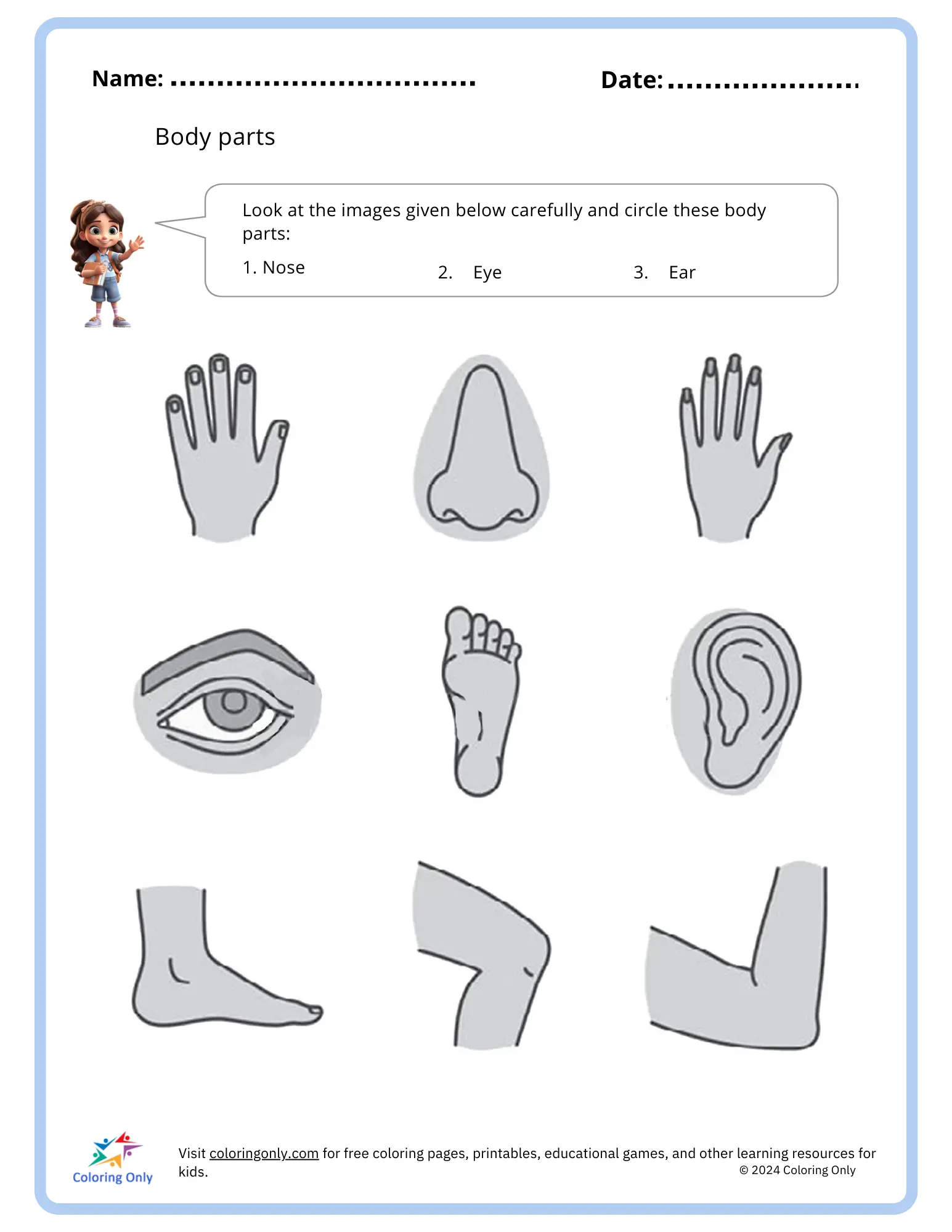 Fun worksheet to help young learners identify and name different body parts Learn Body Parts worksheet for kindergarten students featuring labeled human body parts