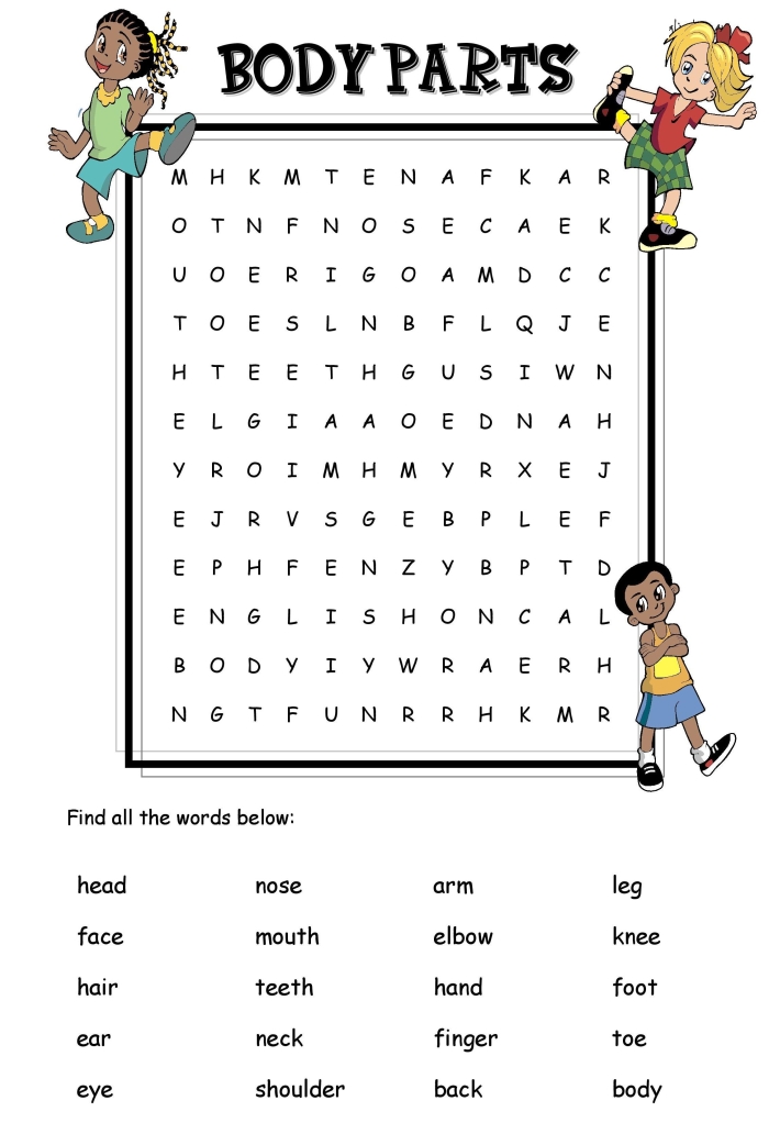 Learn Body Parts worksheet for young learners in Algebra category Worksheet for identifying human body parts for kindergarten students