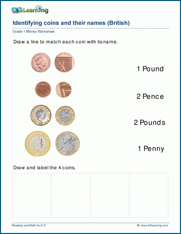 Kindergarten student practicing coin identification on a matching worksheet