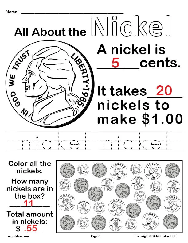 Kindergarten worksheet showing a colorful nickel for children to identify and learn its value