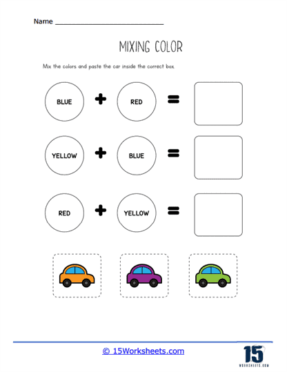 Worksheet featuring activities on mixing primary colors for kindergarten students