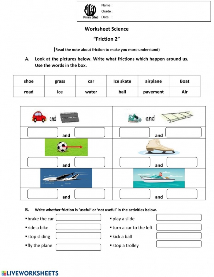Data and Graphing worksheet for Second Grade Kids engaging with a friction worksheet, exploring various scenarios to understand force. Learn About Force: Friction worksheet for second grade students.