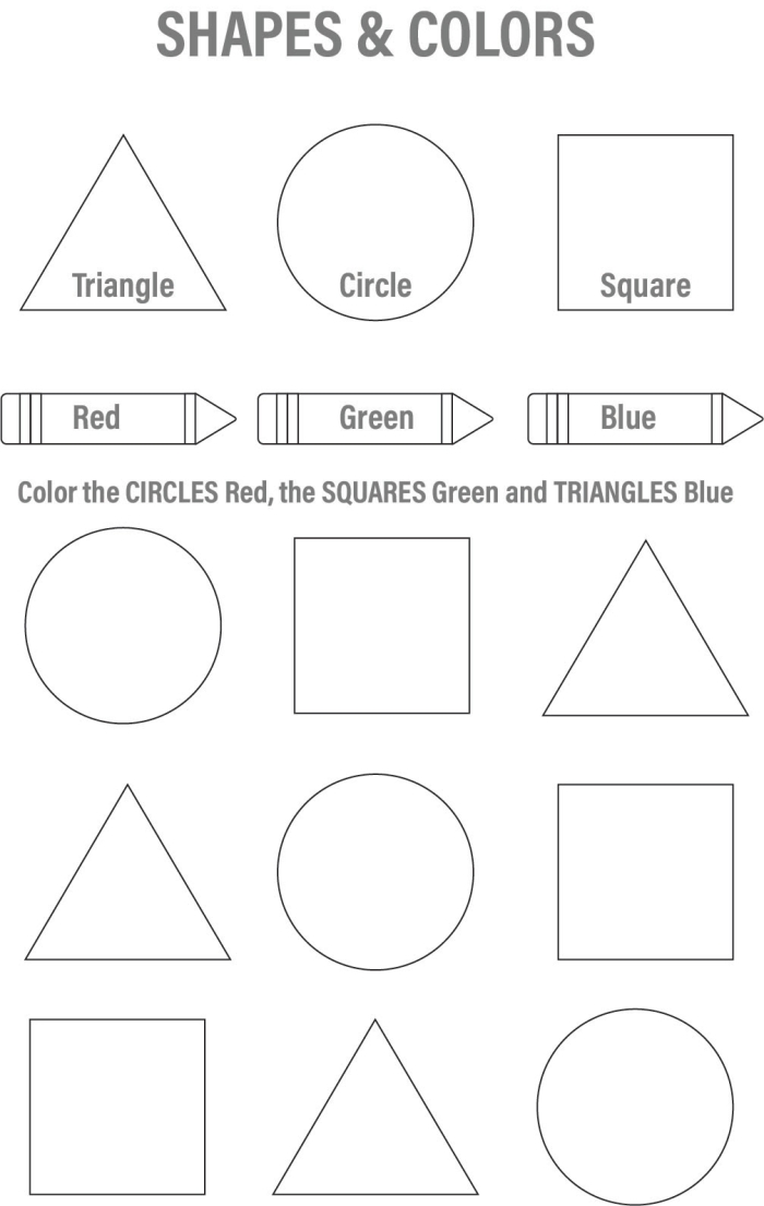 First grade math worksheet showing a variety of geometric shapes to color for the fraction one fourth