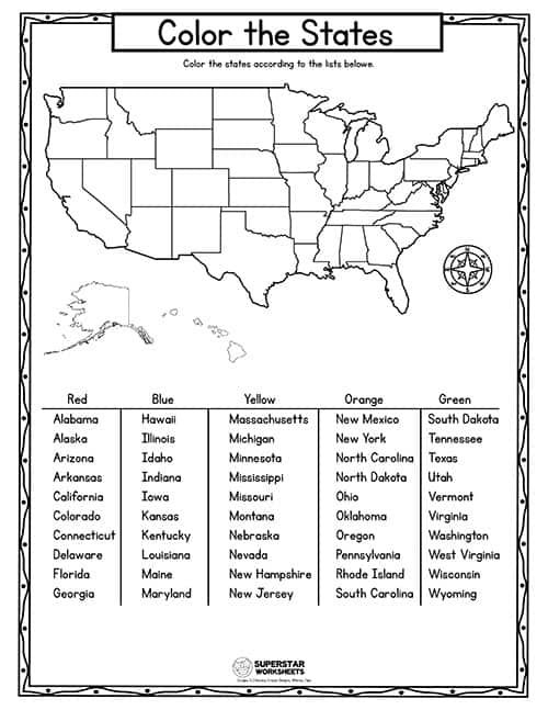 Kids' worksheet for coloring U.S. states on a map while learning geography