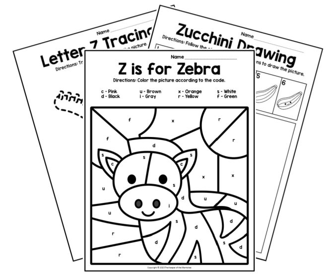 Pre-K phonics worksheet for identifying words and pictures that begin with the letter Z