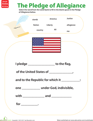 Engaging fill-in-the-blank exercise to help kids memorize the Pledge of Allegiance Worksheet for first graders to fill in the blanks of the Pledge of Allegiance