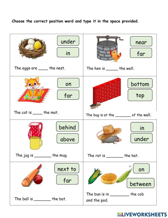Kindergarten worksheet featuring a messy room scene to practice common position words