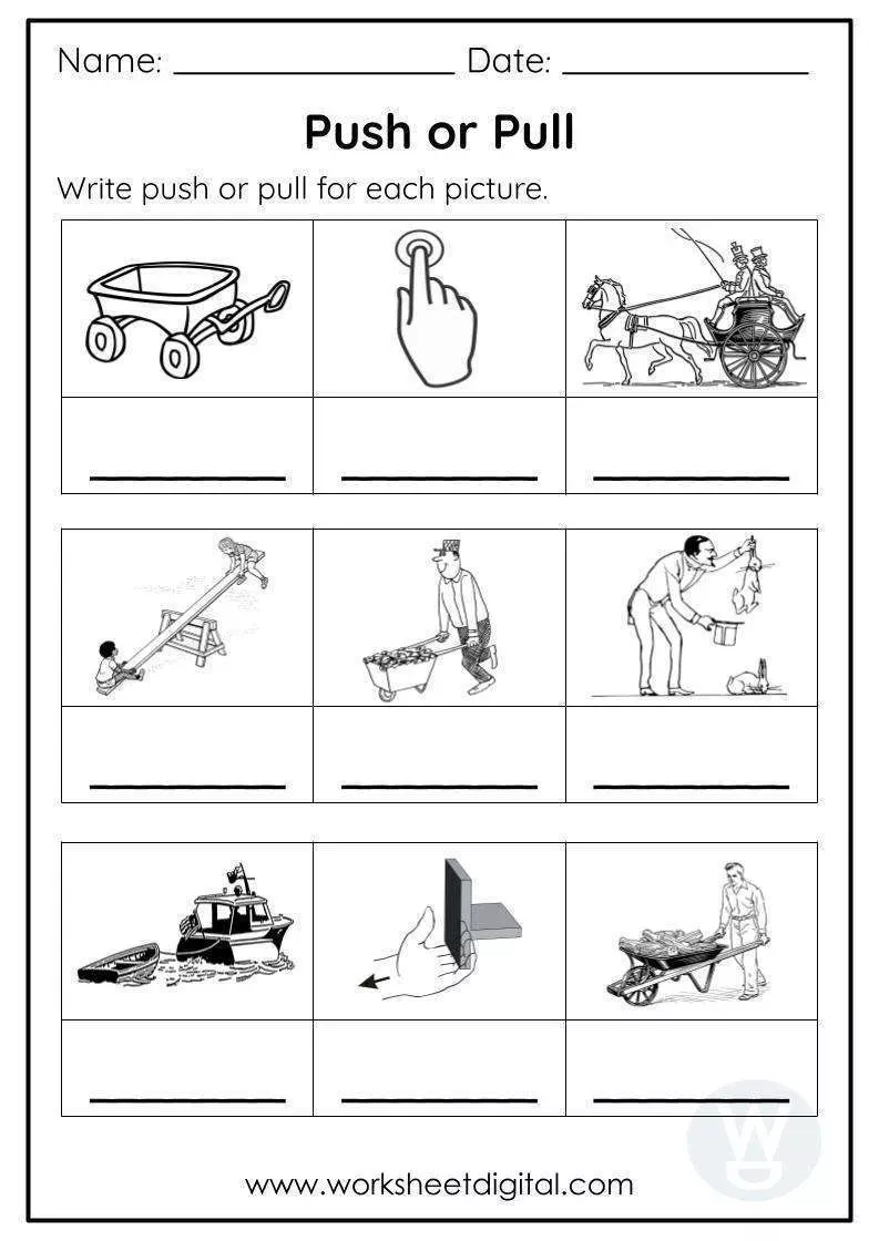 Kindergarten worksheet featuring various activities to help children identify examples of pushes and pulls